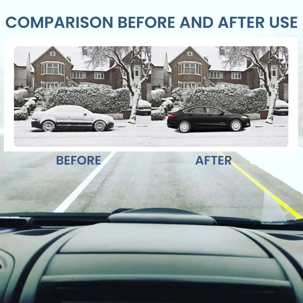 Black compact car windscreen de-icer tool with glass element for melting ice and snow.