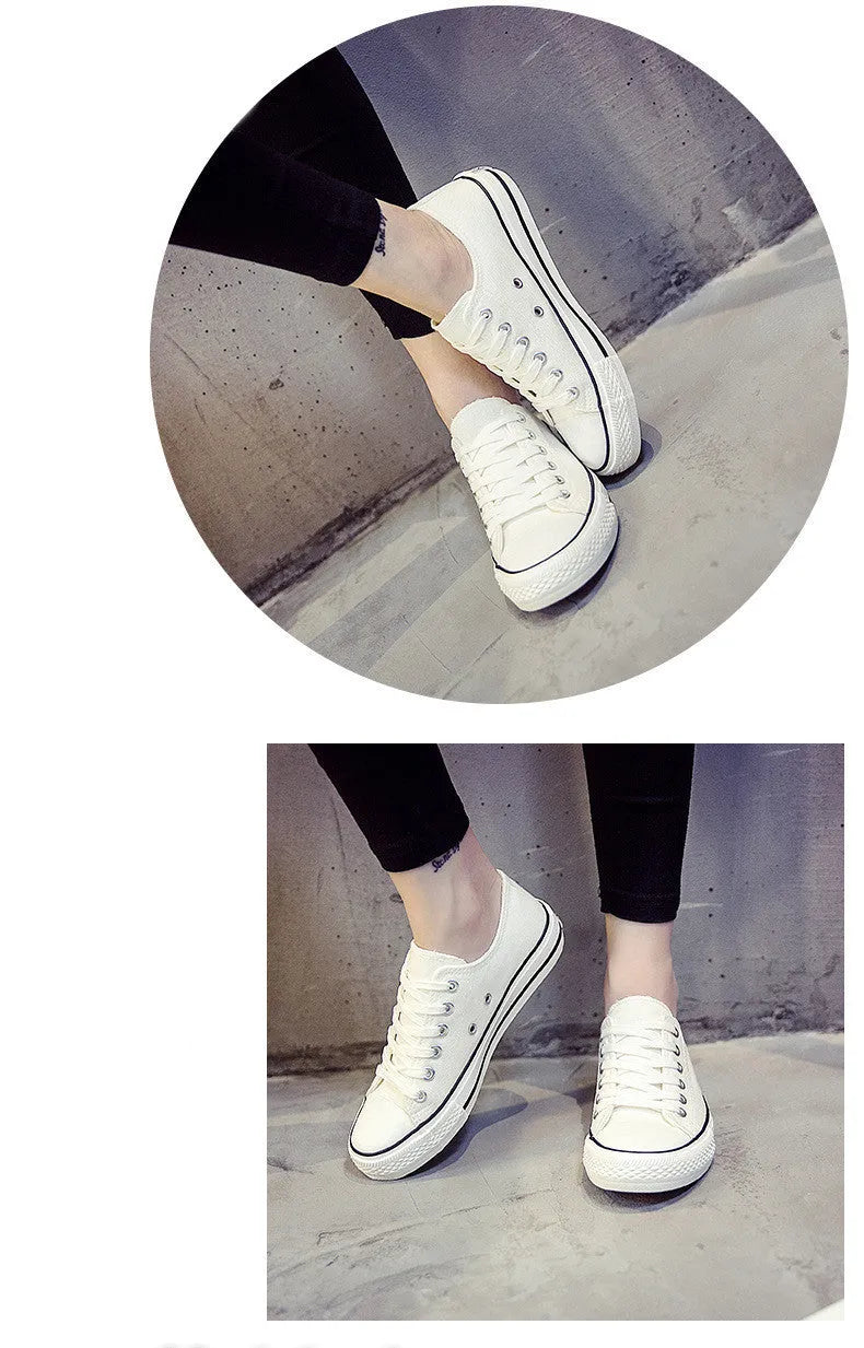 Women's canvas casual shoes in solid colours showing black, white black, white red, and all black options