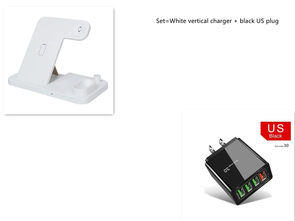 Black 4-in-1 wireless charging station with phone on adjustable magnetic stand, charging Apple Watch, AirPods, and Apple Pencil.