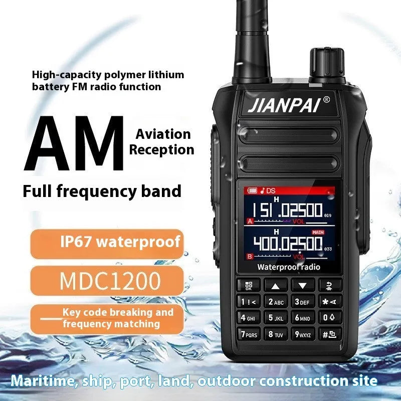 Black Interphone waterproof aviation full band radio headset with plastic shell and included accessories on a table.