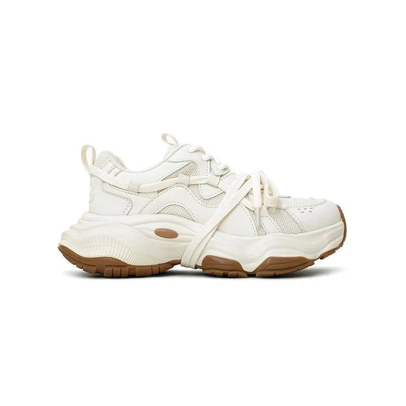 Women's milky white beige platform sneakers with dad shoe silhouette and round toe