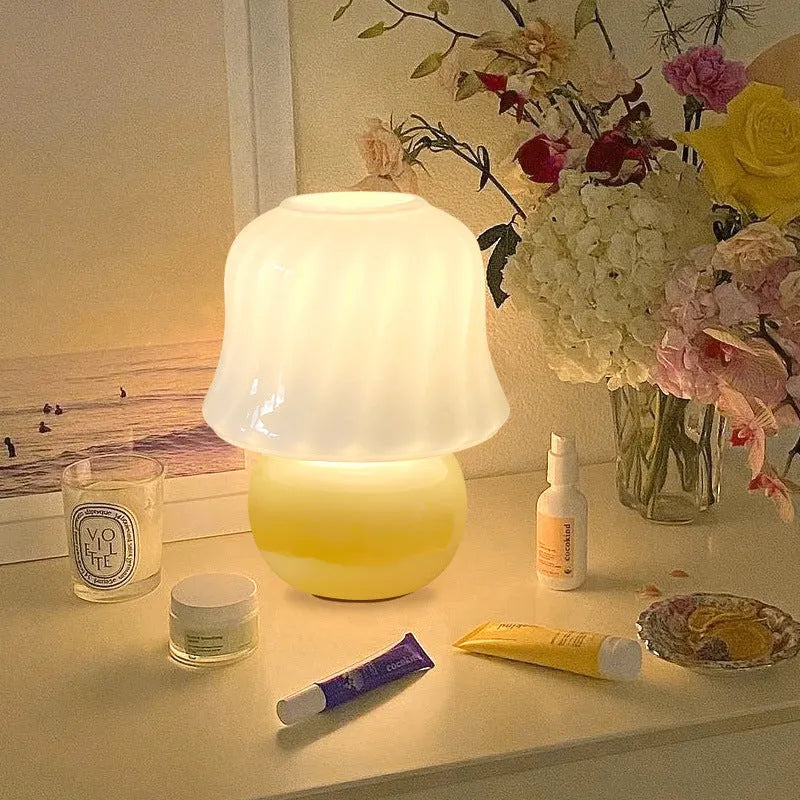 Cream handmade glazed glass mushroom table lamp, 22cm diameter 29cm height, E27 bedside light with push button switch