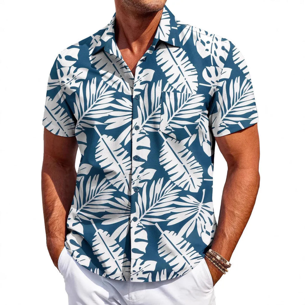 Man wearing a slim fit, short sleeve Hawaiian shirt in a colour choice from the available range.