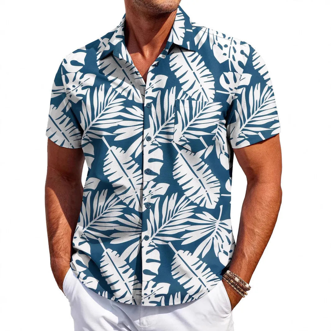 Man wearing a slim fit, short sleeve Hawaiian shirt in a colour choice from the available range.