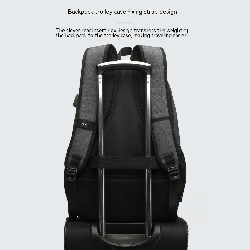 Lightweight laptop backpack with USB charging port in grey colour, showing dimensions and trolley case compatibility