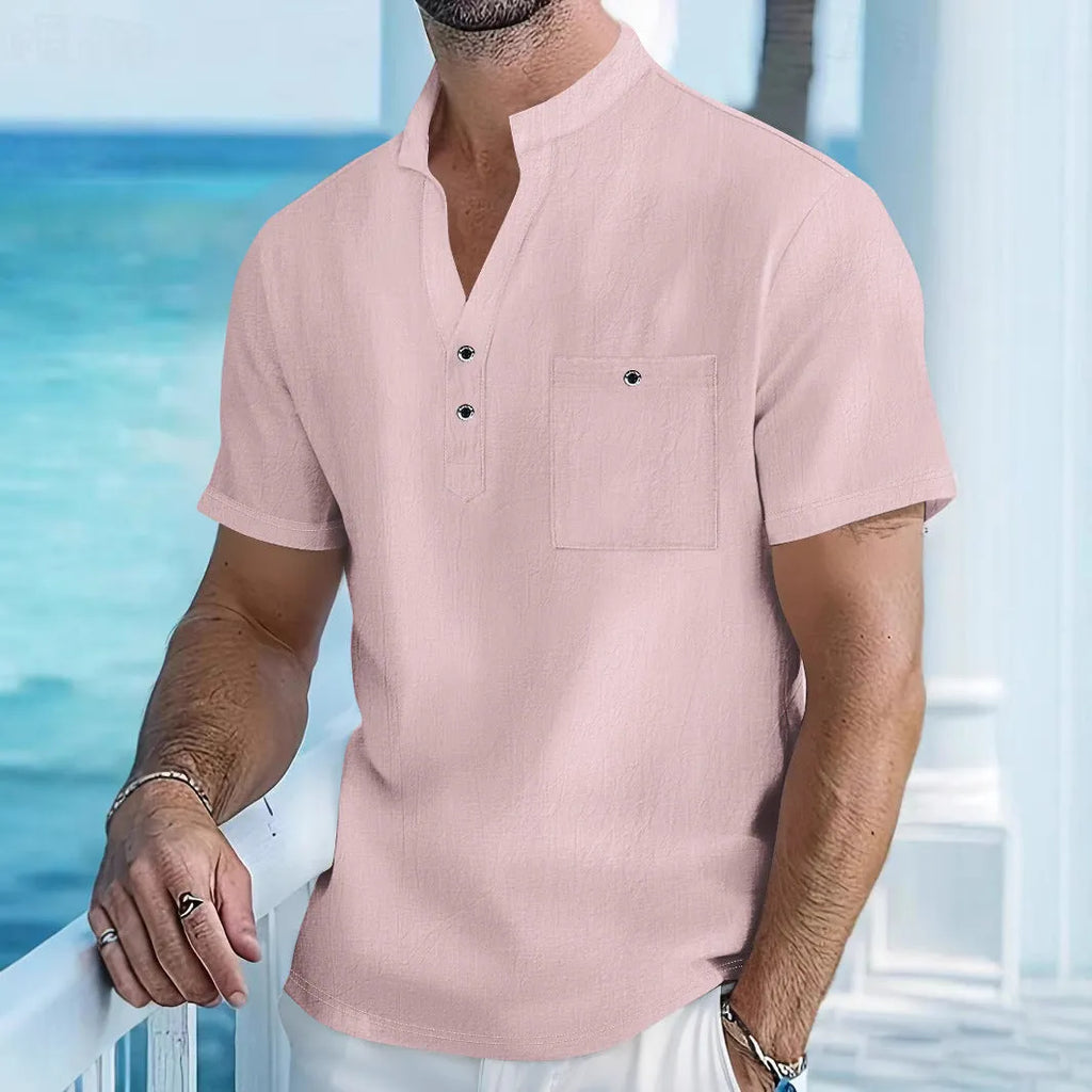 Men's light blue linen short-sleeve shirt with a stand collar and loose pullover fit