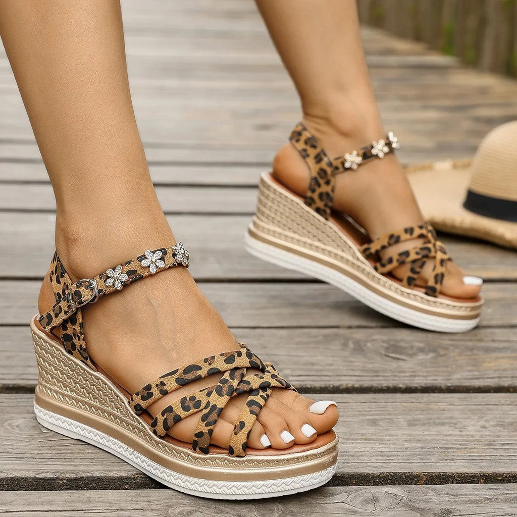 Light brown suede women's platform sandals with ankle buckle straps and open toe design