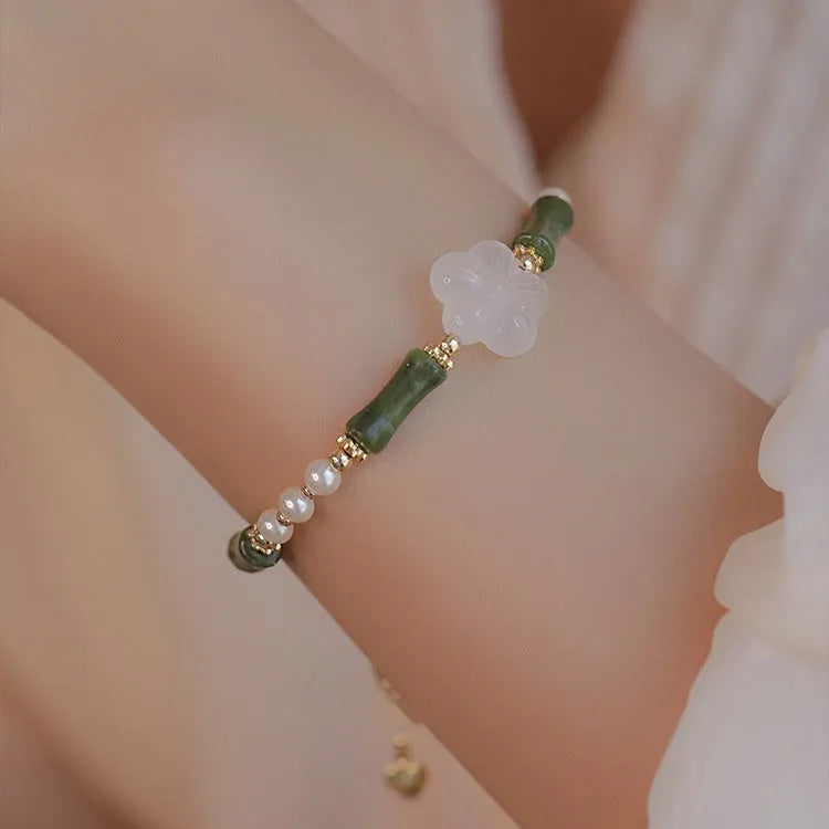 Chinese antique-style bamboo joint bracelet with Hetian jade and 4mm shell pearls on copper wire