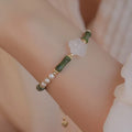 Chinese antique-style bamboo joint bracelet with Hetian jade and 4mm shell pearls on copper wire
