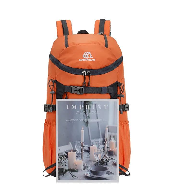 30L Oxford cloth backpack in army green with curved shoulder straps and front pocket, designed for hiking and camping outdoor sports