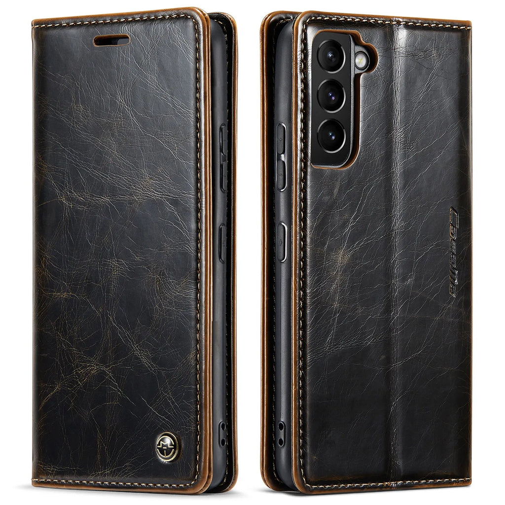 Crazy Horse pattern card flip phone case with magnetic closure for Samsung Galaxy A55, black PC leather finish