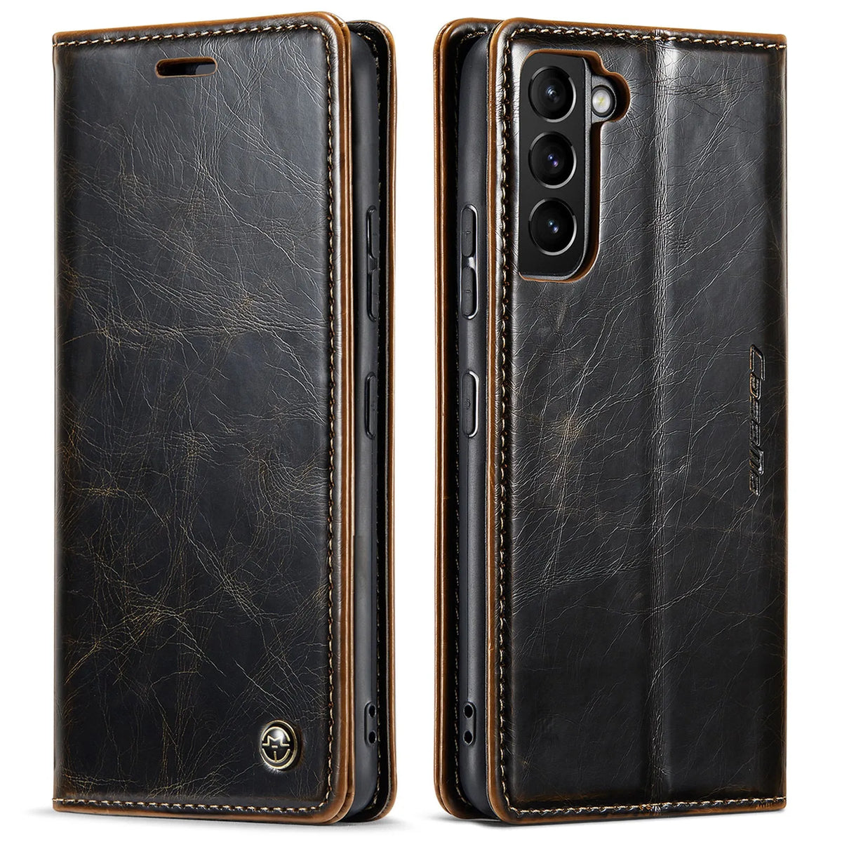 Crazy Horse pattern card flip phone case with magnetic closure for Samsung Galaxy A55, black PC leather finish
