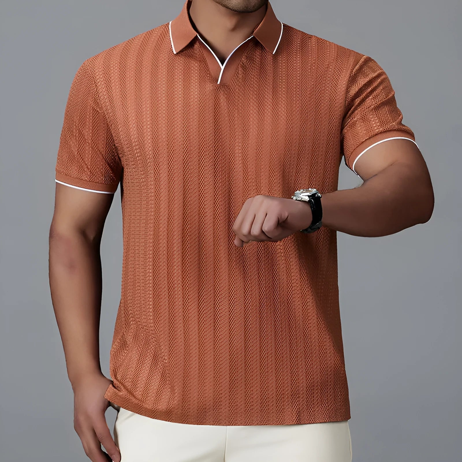 Men's nylon short-sleeved polo shirt in loose fit available in white, black and orange colours