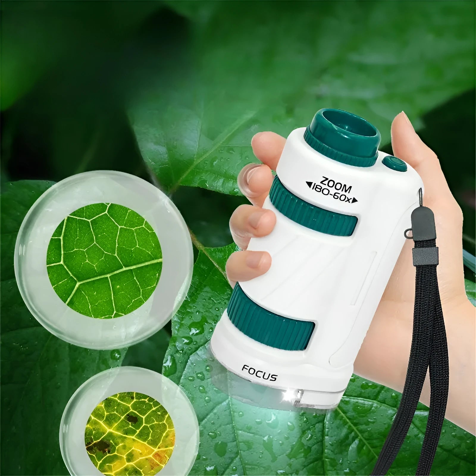 White and green portable microscope kit with specimen slides for outdoor educational use