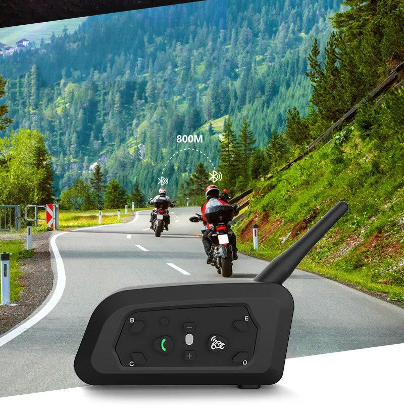 V6 Pro motorcycle Bluetooth intercom unit with mounting clip and headphones