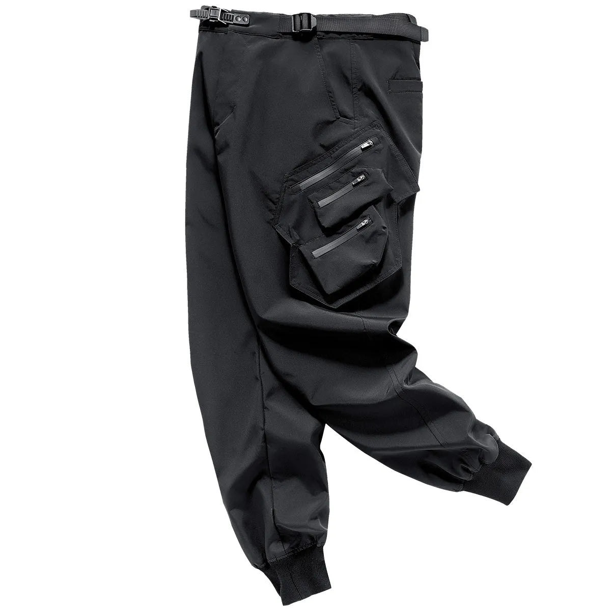 Men's black multi pocket parachute pants loose fit with mid waist and wrinkle-resistant polyester fabric