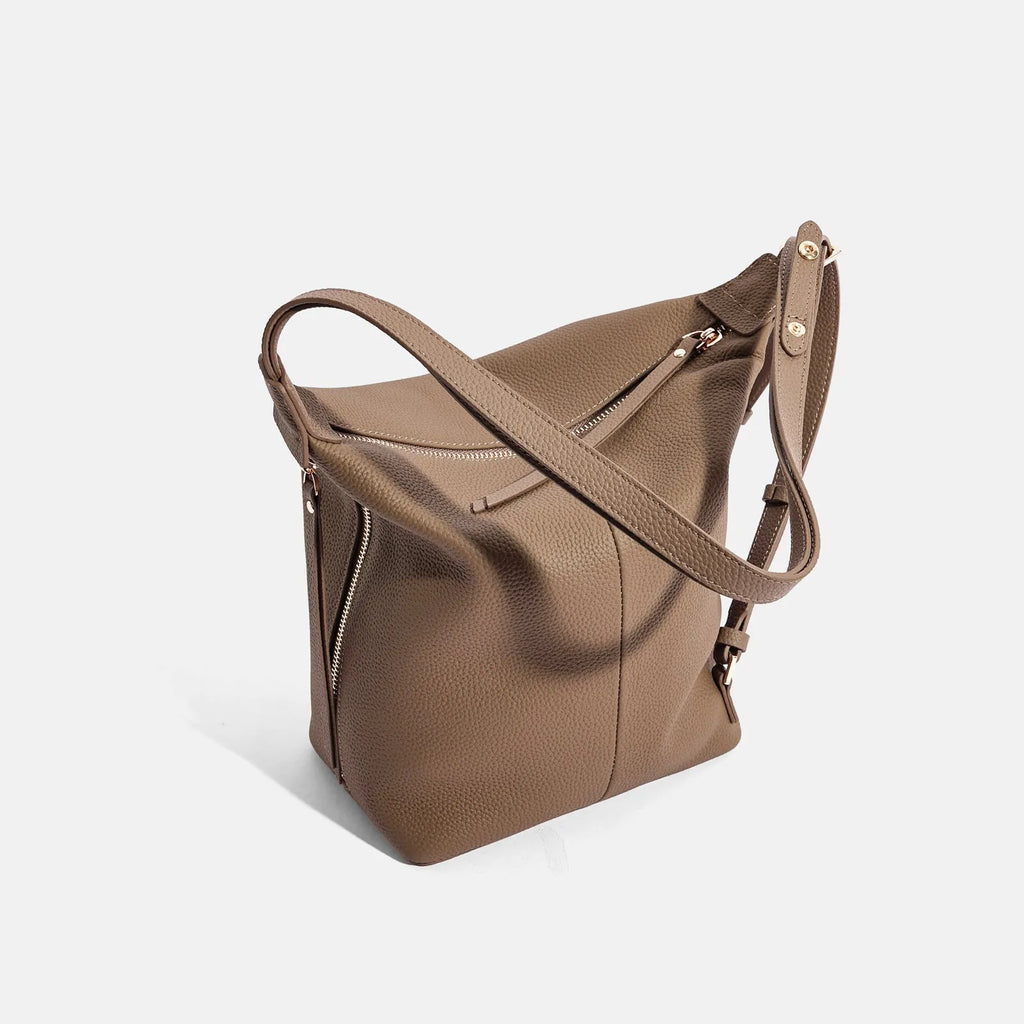 Women's soft genuine leather bucket bag in elephant gray colour showing large capacity design