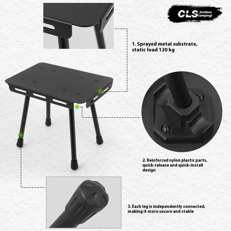 CLS aluminium dual-use folding camping stool shown in beige, converted into a small raised side table.