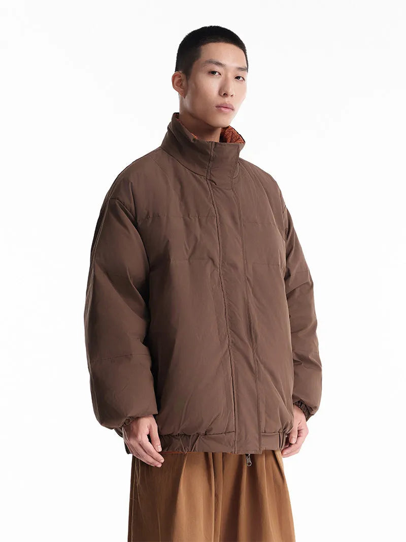 Men's reversible plaid down jacket in brown with stand-up collar and hood, medium length 65cm