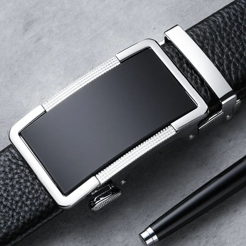 Men's automatic buckle leather belt in gun black, silver, or gold colour showing the alloy clasp and standard 2-4cm width.