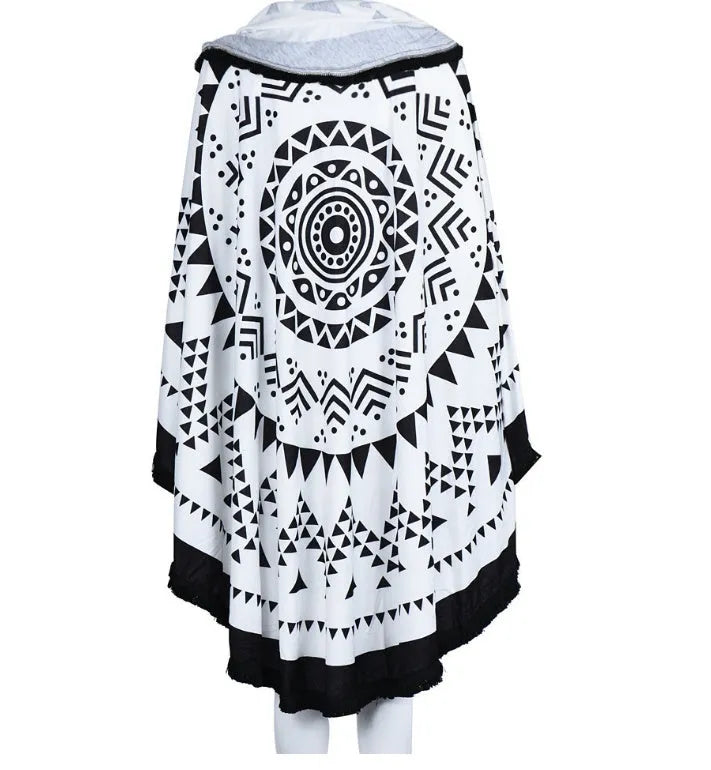 Round printed tassel beach mat in colour combination pattern, 150-155cm diameter, polyester fabric, fringed edge