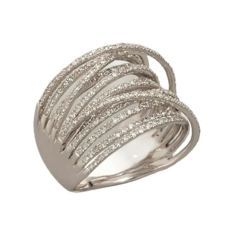 Silver multilayer geometric copper ring with micro inlay finish on white background