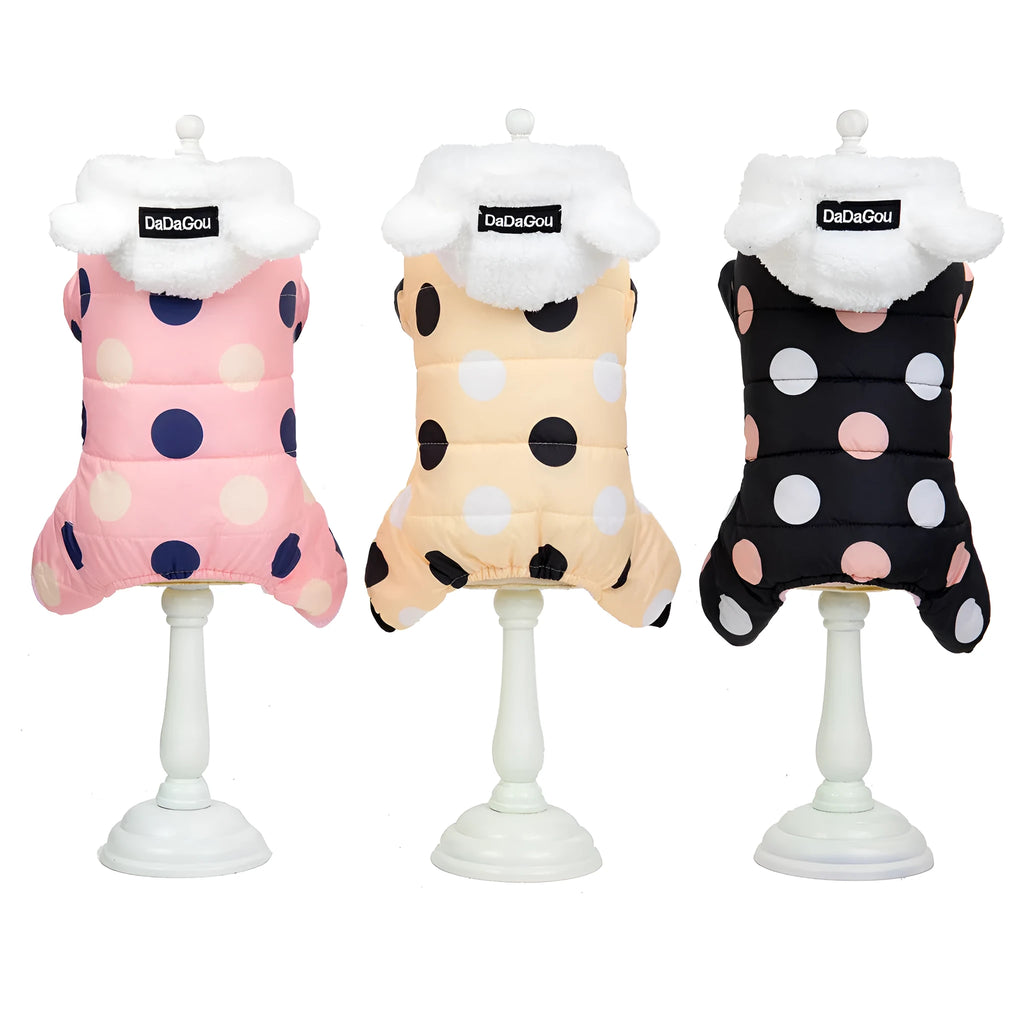 Warm big polka dot four-leg cotton pet coat in black, light yellow, or pink, sizes S to XXL