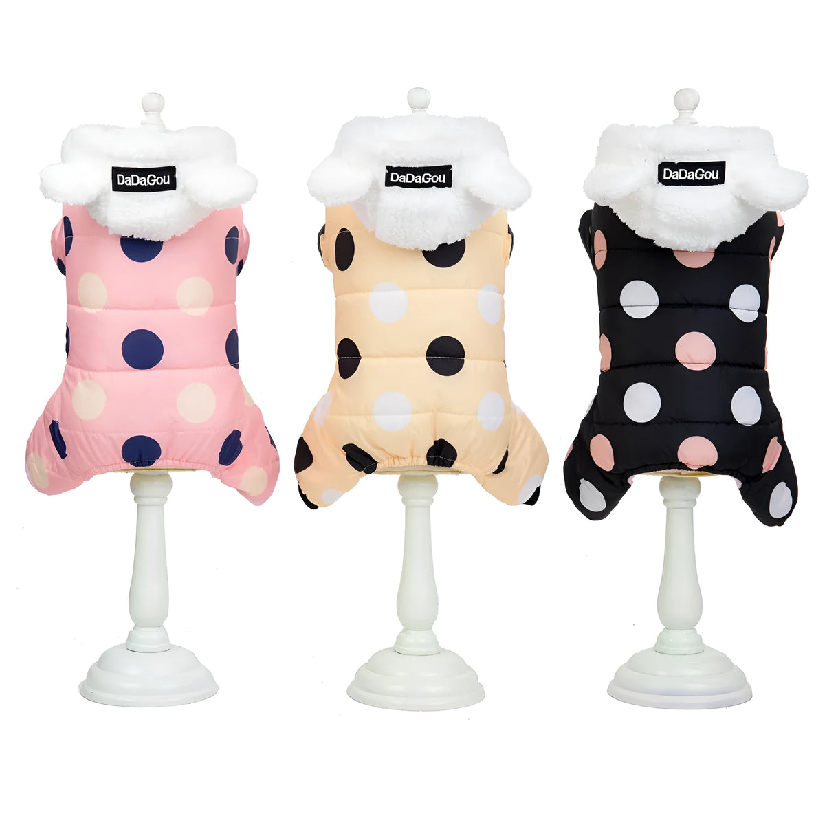 Warm big polka dot four-leg cotton pet coat in black, light yellow, or pink, sizes S to XXL