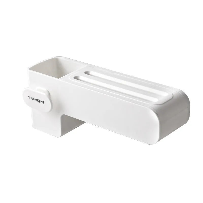 White plastic kitchen knife rack on countertop with dimensions 26 cm height