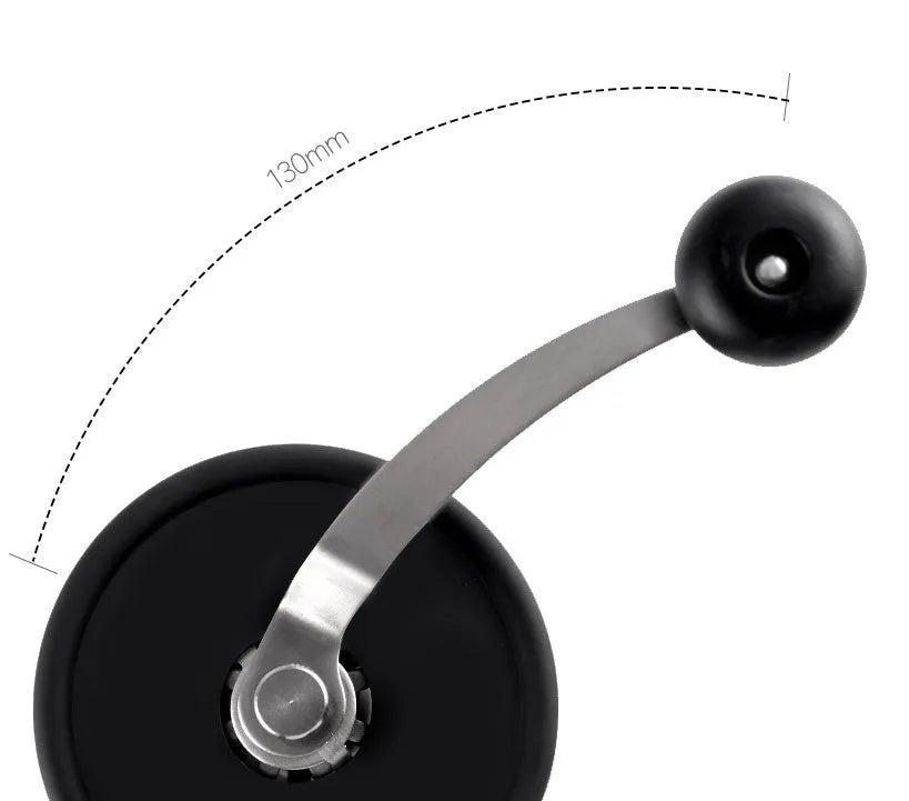 Manual hand coffee grinder with black format, beech wood body, 88 mm width and 160 mm height, front drawer for ground coffee