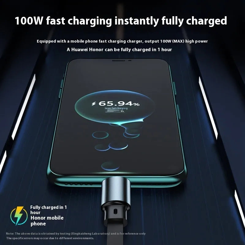 Telescopic three-in-one fast charge data cable with Type-C, Apple, and Android heads, 1.2m TPE wire, black colour