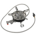 Silver portable stainless steel split camping stove with a long hose, shown folded.