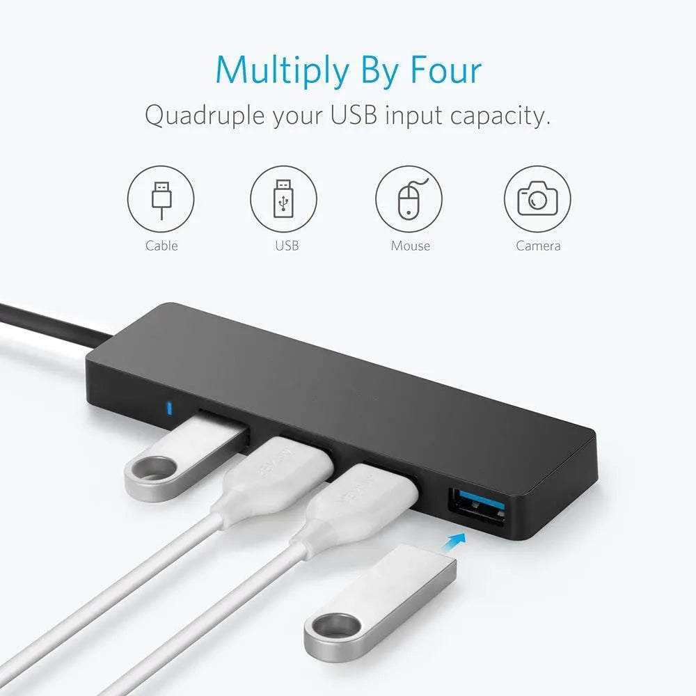 Black USB 3.0 hub with four ports, LED indicators, and a 30cm connection cable.