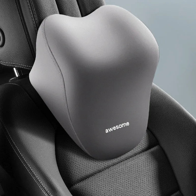 Automotive headrest and lumbar support pillow set in beige, black, and grey colour options.