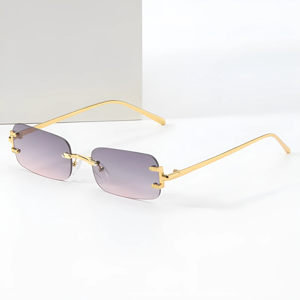 Retro square frameless sunglasses with metal frame and AC lenses, gold or black frame, six colour options.