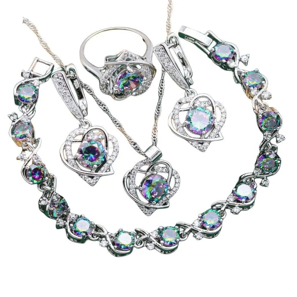 Four-piece copper inlaid zircon jewellery set with necklace, ring, earrings and bracelet in black, green or picture colour
