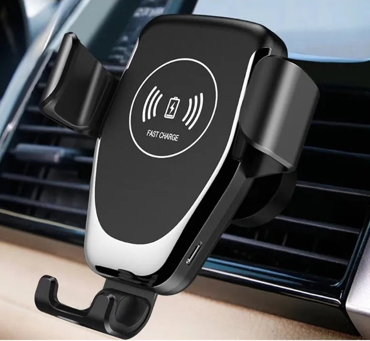 Black car wireless charger mount showing phone clamped automatically with ventilation installation