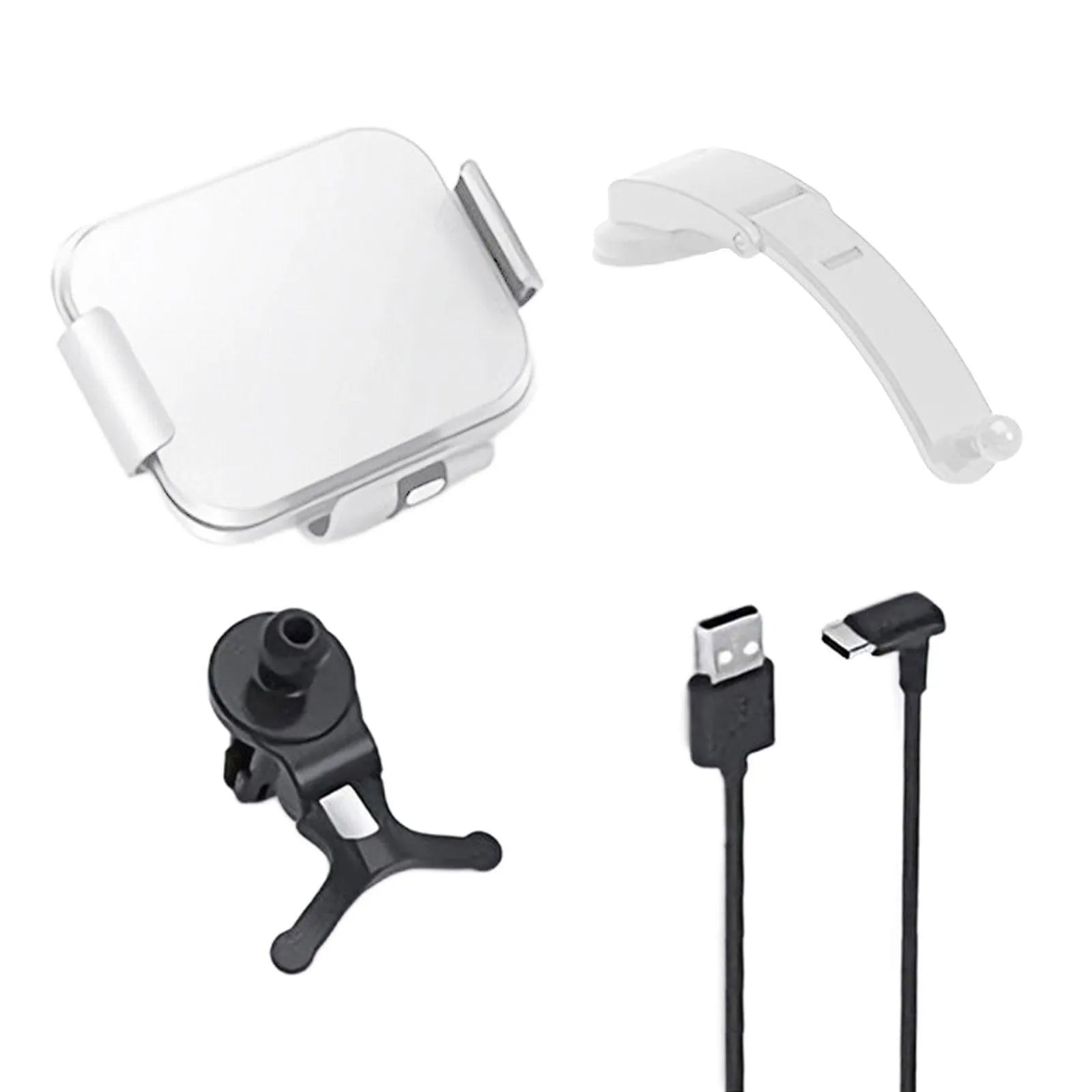 Grey wireless charging car phone holder with folding screen, shown with air conditioner clip and suction cup mounting accessories.
