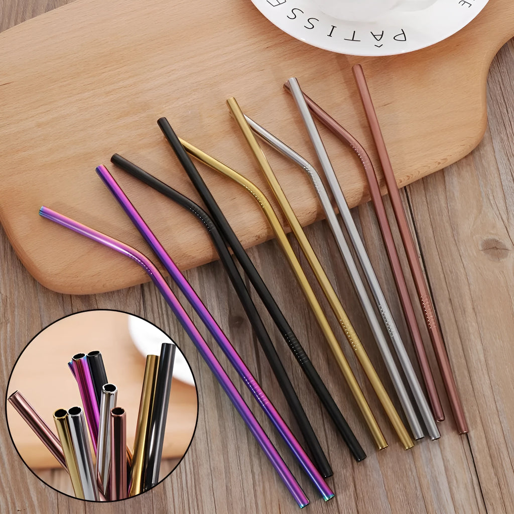 Set of stainless steel reusable straws in multiple sizes with cleaning brush
