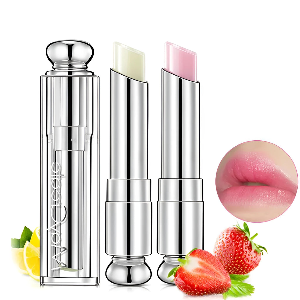 Tube of colour changing lip balm with pH reactive tint, 3g net weight, Lemon and Strawberry options