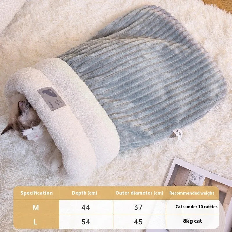 Brown semi-enclosed pet sleeping bag with lambswool insulation for cats and small dogs