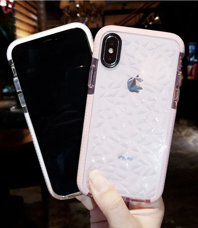 TPU mobile phone case with striped back design shown with pink, white, and black edge colour options for iPhone.