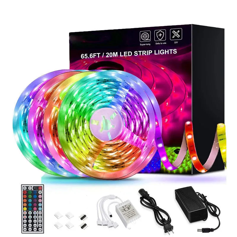 20m RGB LED strip light with 5050 beads, 44-key remote control, and 5A power supply for indoor TV and room decoration