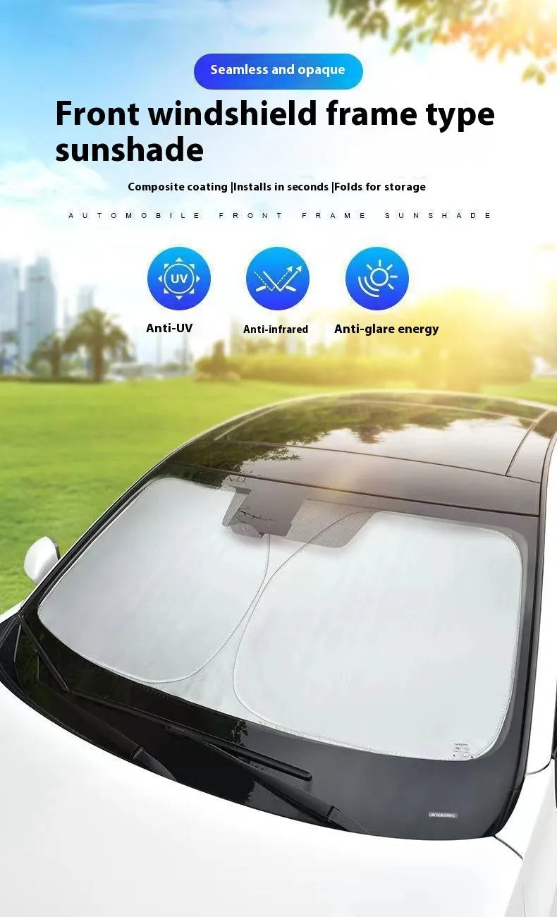 Silver aluminium foil car sunshade shown in two size options.