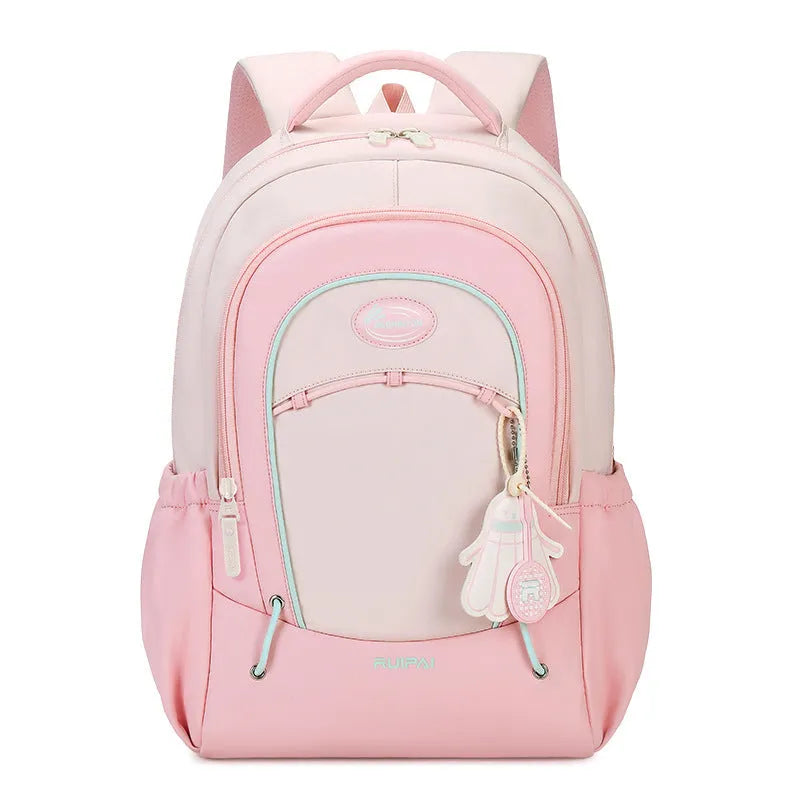 Leisure travel backpack with curved shoulder straps in cherry blossom powder colour showing sewing thread detailing