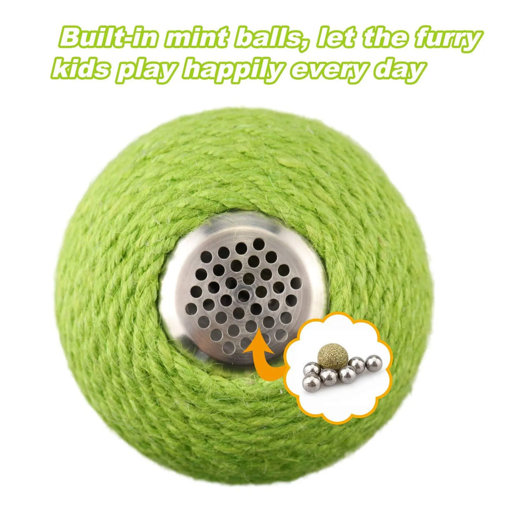 Green multi-level cat scratching tower with an interactive cactus ball toy and sisal-wrapped posts