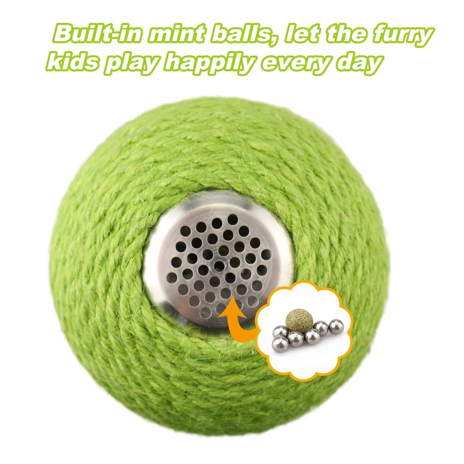 Green multi-level cat scratching tower with an interactive cactus ball toy and sisal-wrapped posts