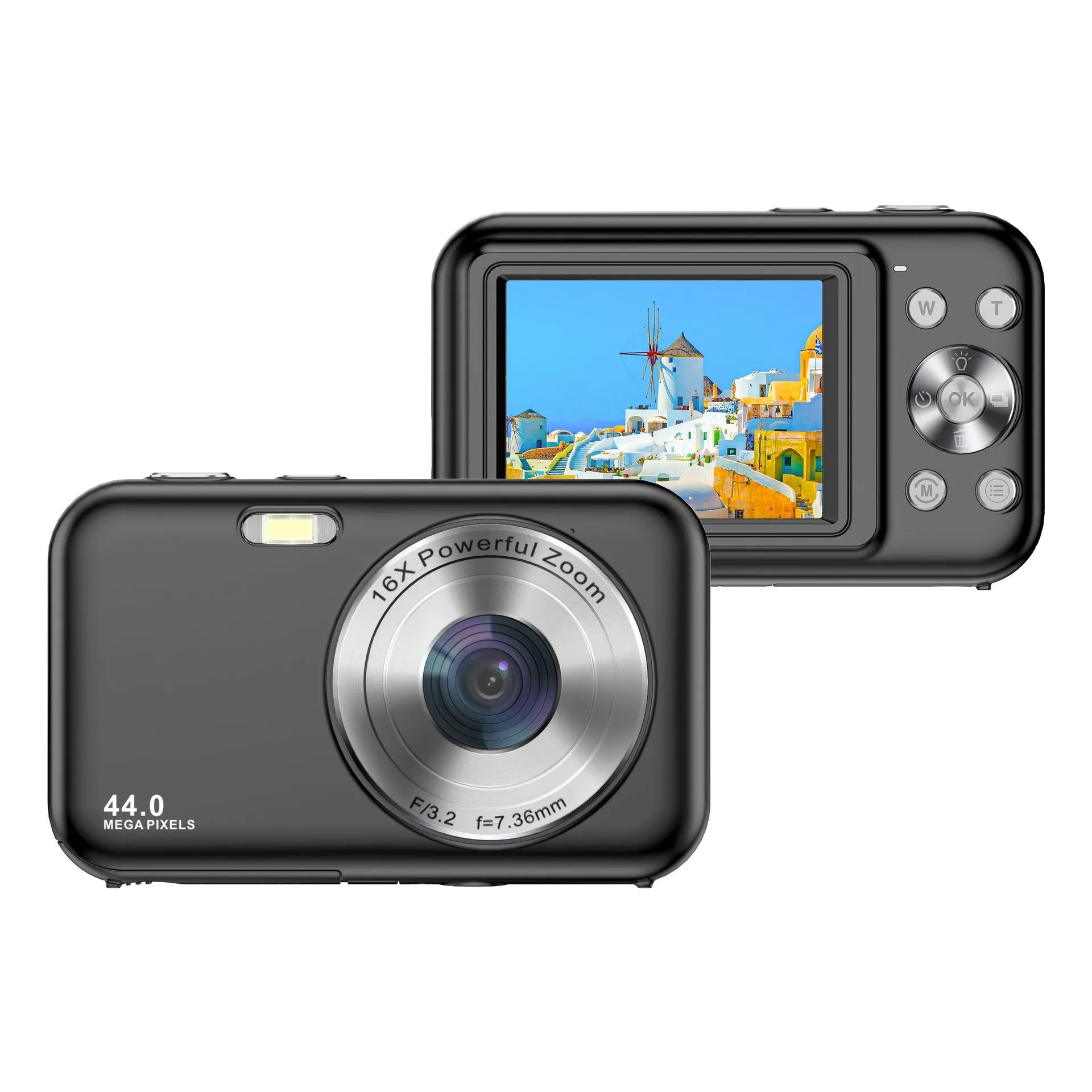 Children's digital camera with 44MP sensor and 2.4-inch screen, shown in black, green, pink, or purple.
