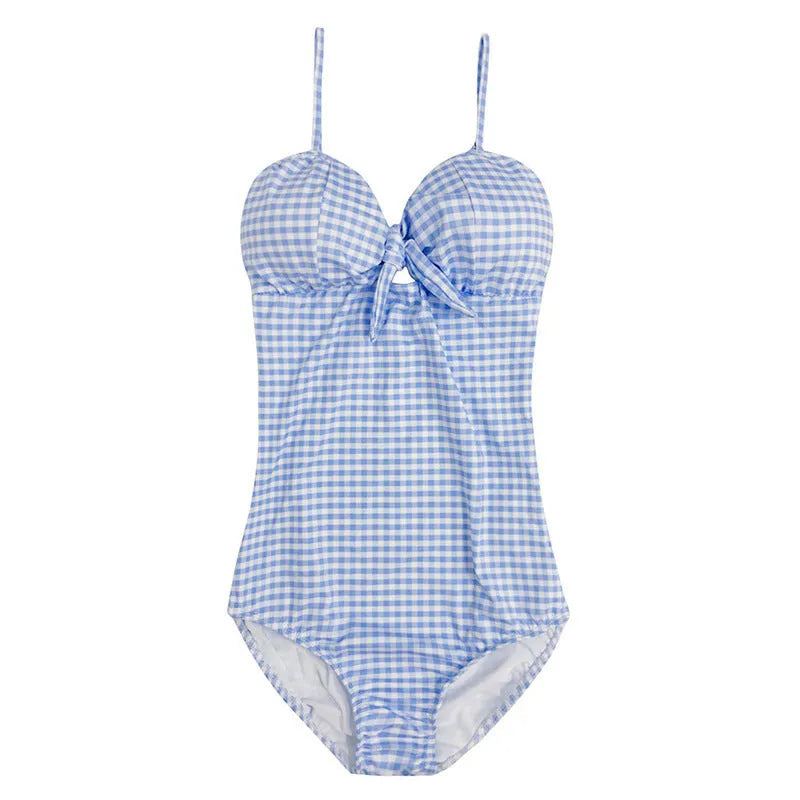 Blue and white plaid pattern women's one-piece swimsuit on hanger