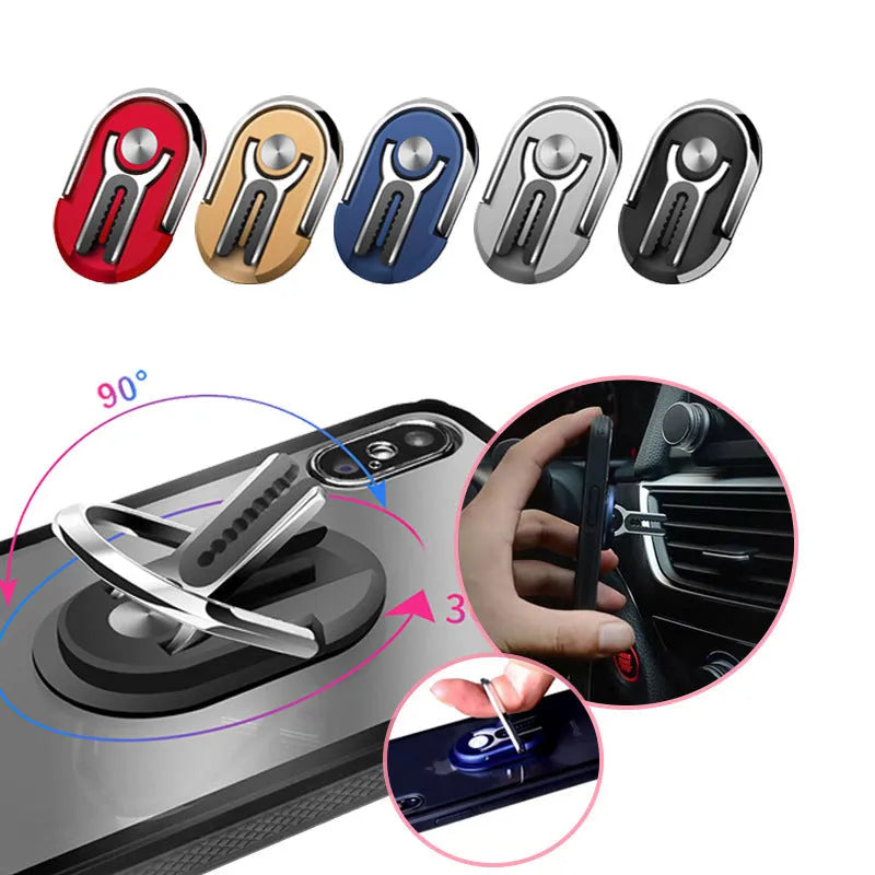 Universal mobile phone car ring bracket shown in black, silver, blue, gold, and red colour options.